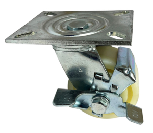 100mm swivel castor with side mounted brake and nylon wheel fitted with ball bearings
