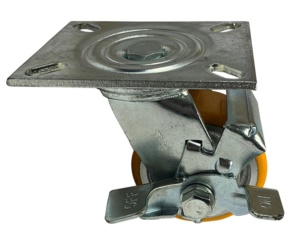 100mm swivel castor with side mounted brake and polyurethane tyre cast iron wheel with ball bearings