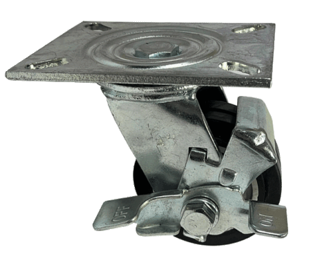 100mm swivel castor with side mounted brake and black elastic rubber tyre wheel with ball bearings.