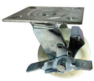Swivel Castor 125mm, with side mounted brake and nylon wheel with ball bearings