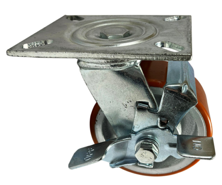 Swivel Castor 125mm, Side Mounted Wheel Brake and polyurethane tyre cast iron wheel with ball bearings