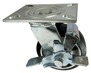 Swivel Castor with Side Mounted Brake 125mm and black elastic rubber tyre on an aluminium centre with ball bearings
