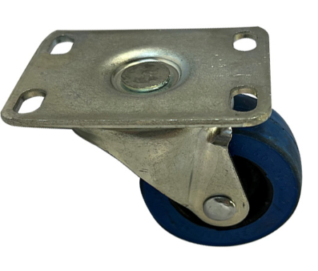 50mm blue rubber tyre on a black nylon centre wheel in a pressed steel swivel castor with a load rating of 27kg