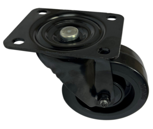 100mm black pressed steel swivel theatre castor with black elastic rubber tyre on a nylon centre wheel with ball bearings