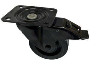 100mm black pressed steel swivel and brake theatre castor with black elastic rubber tyre wheel on a black nylon centre with ball bearings