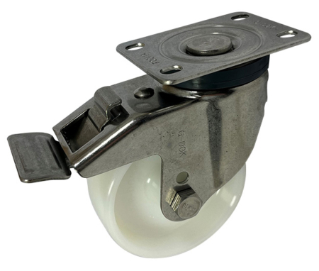 Swivel with Brake Castor and Stainless Steel Frame with 100mm Nylon wheel and an imperial size top plate