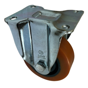 125mm Pressed Steel Fixed Rigid Castor with polyurethane tyre cast iron centre wheel with ball bearings. Load Capacity is 450kg