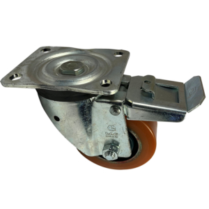 125mm pressed steel swivel castor with total stop brake and polyurethane tyre cast iron wheel with ball bearings and 450kg load capacity