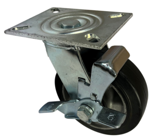 150mm swivel castor with side mounted wheel brake and black elastic rubber tyre on an aluminium centre wheel with ball bearings