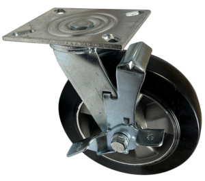 200mm swivel castor with fabricated steel frame and side mounted wheel brake with a black elastic rubber tyre wheel and ball bearings