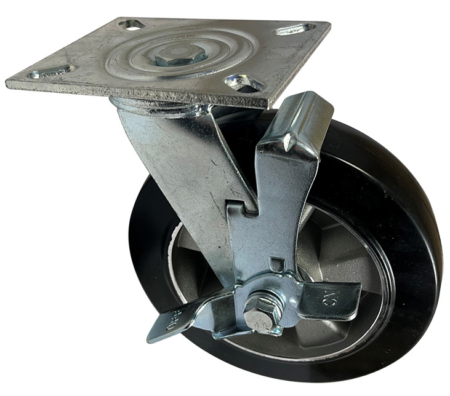 200mm swivel castor with fabricated steel frame and side mounted wheel brake with a black elastic rubber tyre wheel and ball bearings