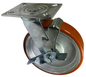 200mm Swivel Castor and side mounted wheel brake with Fabricated Steel Frame and White Polyurethane Tyred Wheel with a Ball Bearing