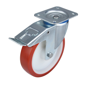 200mm swivel castor with total stop brake and polyurethane tyre on a nylon centre wheel