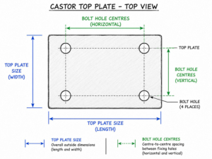 Sketch of a castor top plate illustrating the top plate size and bolt hole centres